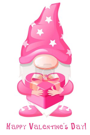 Téléchargez les illustrations : Dessin animé gnome Valentines avec cadeau. Salutation Saint Valentin - en licence libre de droit