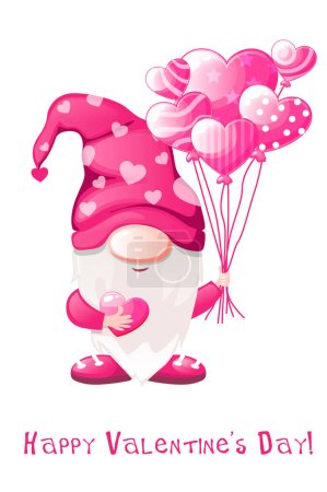 Ilustración de Gnomo de San Valentín de dibujos animados con globos en forma de corazón. Saludo San Valentín - Imagen libre de derechos