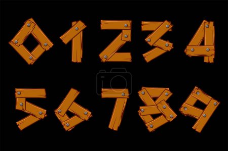Illustration for Set Wooden numbers. Cartoon wooden plank in digits. - Royalty Free Image