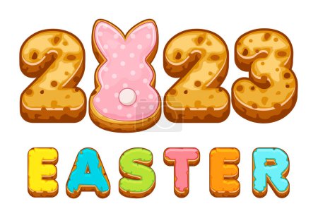 Téléchargez les illustrations : Vector card with inscription from Easter cookies. Postcard with sweets and rabbit. - en licence libre de droit
