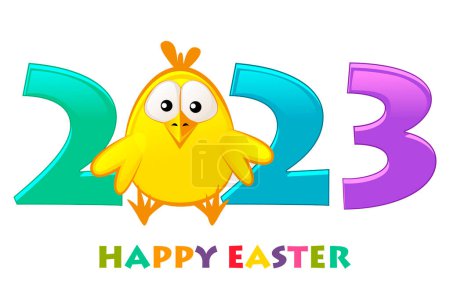 Happy easter 2023 postcard, cute chick with inscription. Vector illustration festive easter banner for graphic design.