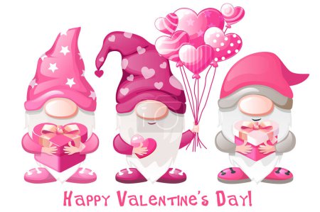 Ilustración de Cute Valentines gnomes with gifts. Happy Valentines Day. - Imagen libre de derechos
