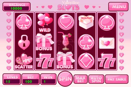 Illustration for Vector Interface slot machine style St. Valentine. Complete menu of graphical user interface and full set of buttons and icons - Royalty Free Image
