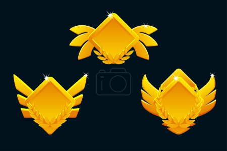 Téléchargez les illustrations : Golden game rank icons isolated. Vector Game badges buttons in rhombus frame with wings - en licence libre de droit