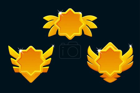 Ilustración de Iconos de rango de juego de oro aislados. Vector Insignias de juego botones en marco de estrella con alas - Imagen libre de derechos