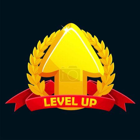 Téléchargez les illustrations : Level up icon with red award ribbon and laurel. Level Up Sign Symbol for Game - en licence libre de droit