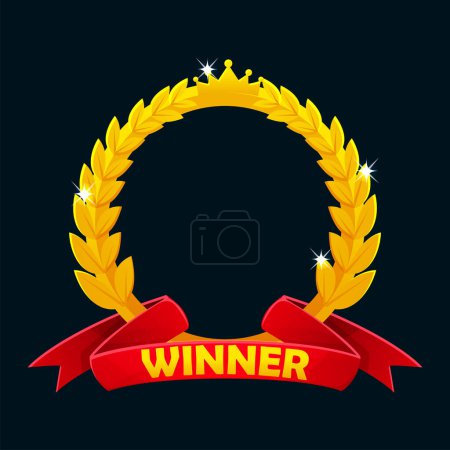 Téléchargez les illustrations : Golden laurel wreath award with red ribbon. Vector isolated icon for game ui assets - en licence libre de droit