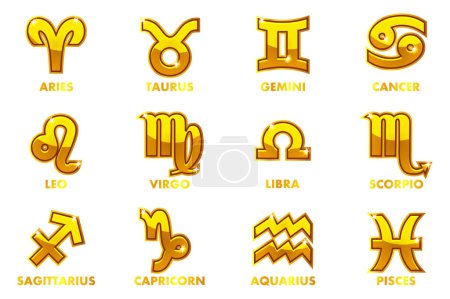 Illustration for Set Golden Astrology Signs, 12 Zodiac - Royalty Free Image