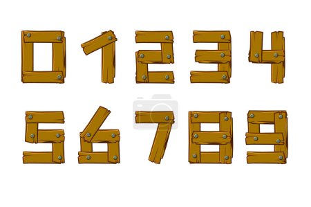 Illustration for Digits from funny wooden boards. Vector Wooden numbers - Royalty Free Image