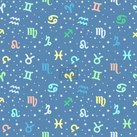 Téléchargez les illustrations : Background with signs of the zodiac. Astrology seamless pattern with zodiac signs in pastel blue - en licence libre de droit