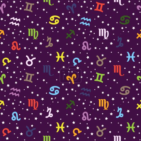 Illustration for Colored Background with signs of the zodiac. Astrology seamless pattern with zodiac signs. - Royalty Free Image