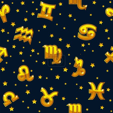 Illustration for Golden Background with golden signs of the zodiac. Astrology seamless pattern with zodiac signs on black - Royalty Free Image