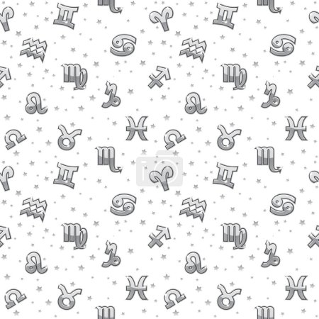Téléchargez les illustrations : Silver Background with golden signs of the zodiac. Astrology seamless pattern with zodiac signs on white - en licence libre de droit