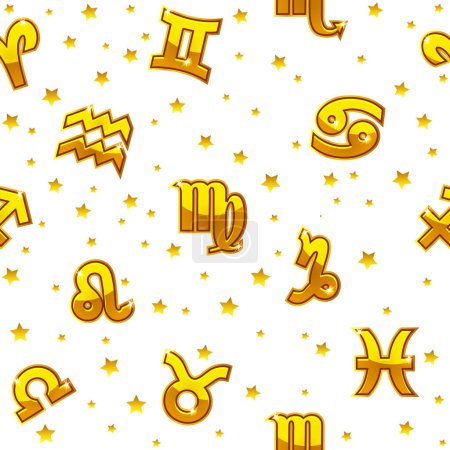 Téléchargez les illustrations : Background with golden signs of the zodiac. Astrology seamless pattern with zodiac signs on white - en licence libre de droit