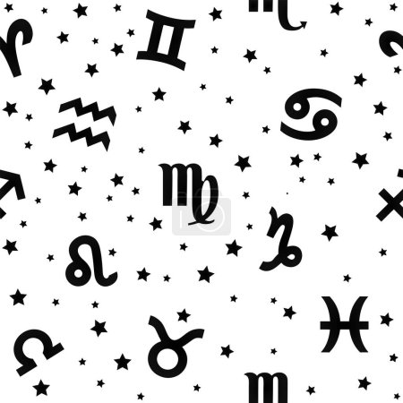 Illustration for Flat background with signs of the zodiac. Astrology seamless pattern with zodiac signs in black - Royalty Free Image