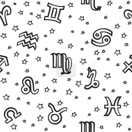 Téléchargez les illustrations : Flat background with signs of the zodiac. Astrology seamless pattern with zodiac signs in black-white - en licence libre de droit