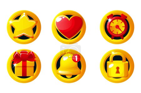 Téléchargez les illustrations : Set of golden game icons- star, heart, clock, gift box, bell and lock. Vector Game App Icons - en licence libre de droit