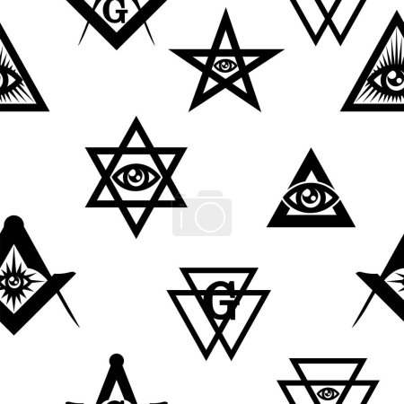 Ilustración de Patrón sin costuras con símbolos masónicos. Fondo geométrico simple en blanco y negro. Ojos estilizados, brújula mágica, estrella y pirámide - Imagen libre de derechos