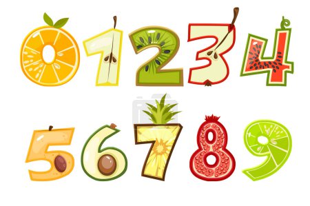 Téléchargez les illustrations : Numéros de fruits. Jeu de numéros vectoriels ou autocollants. - en licence libre de droit