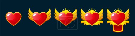 Illustration for Set of Game Rank badges. Level up icons with Heart, ranking awards - Royalty Free Image