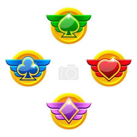 Ilustración de Conjunto de insignias de premio de colores para el casino y el juego 2D. Corazón, pala, palo y diamante. - Imagen libre de derechos