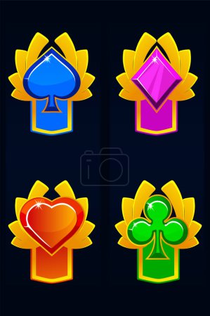 Illustration for Set of colored award badges for casino. Heart, spade, club and diamond. - Royalty Free Image