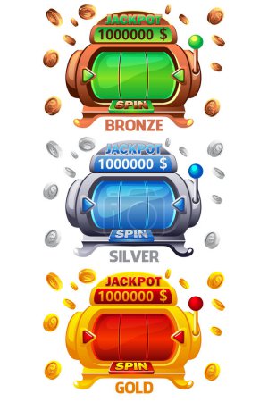 Illustration for Set of slots machines- bronze, silver and gold. Slot machine for online casino and slots game. Coins explosion. - Royalty Free Image