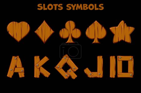 Illustration for Set of isolated wooden slots symbols, Vectot casino icons - Royalty Free Image