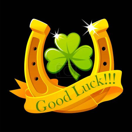 Green clover, Golden Horseshoe and ribbon. Good luck symbol.