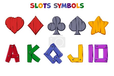 Illustration for Set of isolated colored wooden slots symbols, Vector casino icons - Royalty Free Image