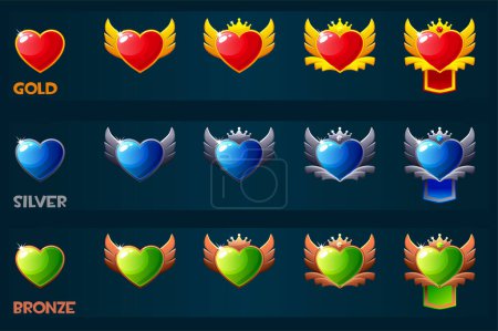 Illustration for Set of Game Rank badges. Level up icons with Heart, ranking awards. Template Ranking Heart icons. Set of Awards badges- bronze, silver and gold - Royalty Free Image