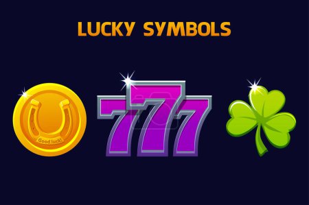 Illustration for Lucky symbols - seven, clover and horseshoe. Icons for slots and casino game. Ui element for jackpot in gambling. - Royalty Free Image