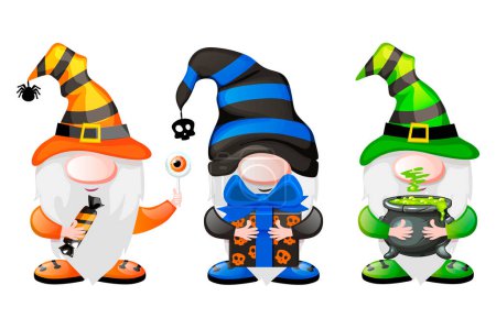 Ilustración de Gnomos de dibujos animados con los dulces, regalo y olla. Personajes duende de Halloween. - Imagen libre de derechos