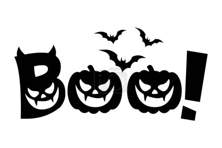 Téléchargez les illustrations : Boum ! Halloween boo, mots plats avec citrouille et chauves-souris. - en licence libre de droit