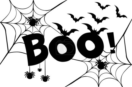 Illustration for Text Boo. Halloween background, cartoon words with spider and bats. - Royalty Free Image