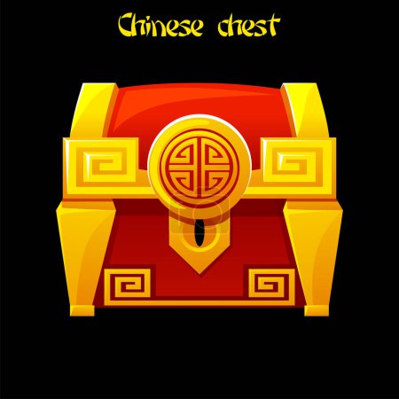 Illustration for Chinese Treasure Chest For Game UI. Illustration of a cartoon closed treasure chest, with lock and bright effect, for award icons inside game ui - Royalty Free Image
