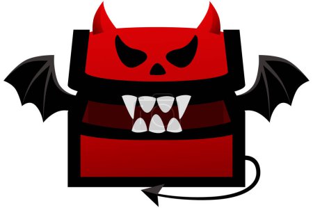 Ilustración de Pecho del diablo, caja vacía, ataúd rojo abierto con alas, dientes y cuernos. PC artículo del juego. - Imagen libre de derechos
