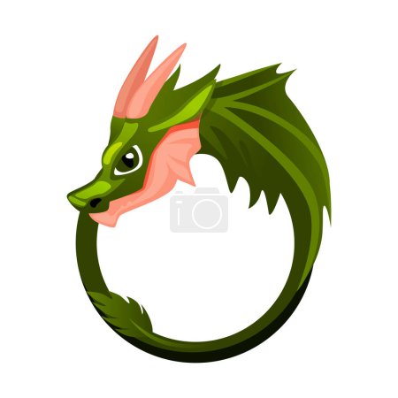Illustration for Green frame Dragon, round animal template for game. Cartoon empty Dragon frame with heard and wingss. - Royalty Free Image