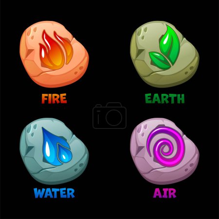 Ilustración de Viento abstracto, Aire, fuego, agua, diseño de símbolos de tierra en piedras para el juego o el concepto de aplicación. Para el elemento de juego UI - Imagen libre de derechos