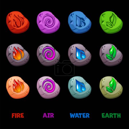 Illustration for Abstract Wind, Air, fire, water, earth symbol design on stones for game or app concept in different color. Icons for UI game. - Royalty Free Image