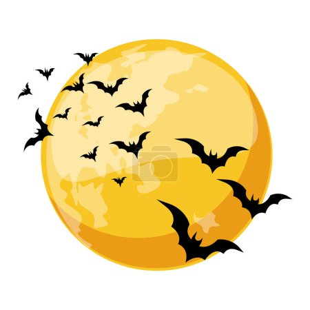 Téléchargez les illustrations : Cartoon orange nuit lune et chauves-souris. Affiche d'Halloween, carte de vœux, carte postale. Illustration vectorielle dans le style dessin animé - en licence libre de droit