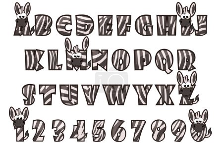 Téléchargez les illustrations : Alphabet dans le style peau de zèbre, lettres et chiffres en noir et blanc. - en licence libre de droit