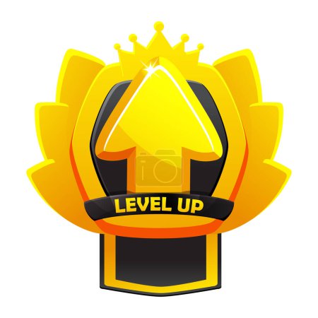 Illustration for Game level up badge icon with raising arrow, crown, and shield. Winner evaluation UI or GUI app element, user interface rating achievement, - Royalty Free Image