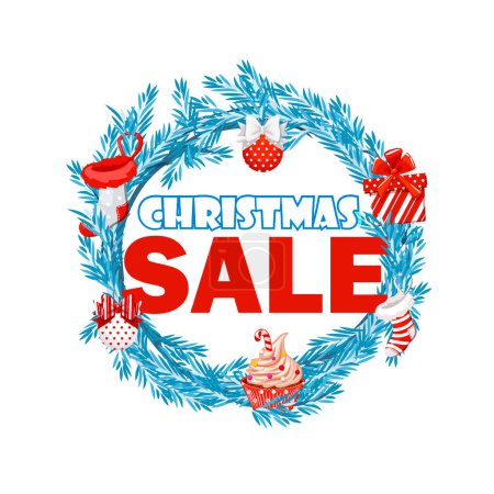 Illustration for Christmas sale. Advertising banner with Christmas colorful Christmas elements in a frame on a white background. Vector illustration. - Royalty Free Image