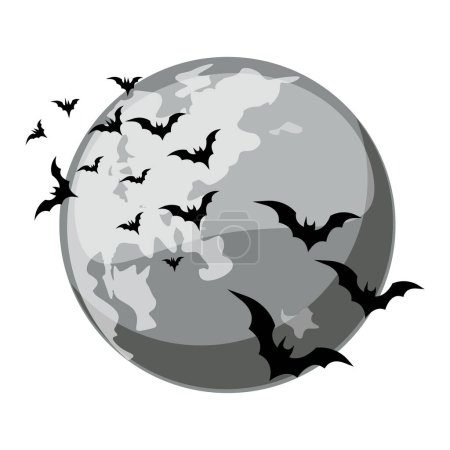 Ilustración de Luna nocturna de dibujos animados y murciélagos. Cartel de Halloween, tarjeta de felicitación, postal. Ilustración vectorial en estilo de dibujos animados - Imagen libre de derechos
