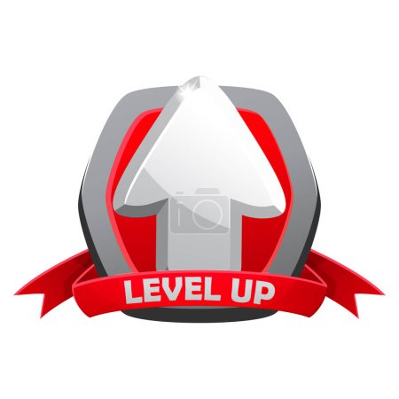 Illustration for Game silver level up badge and win icon, shield banner of completed level, vector UI sign. Level up icon with a silver shield with a red ribbon for gamer mission completed next level achievement. - Royalty Free Image