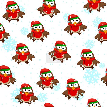 Illustration for Seamless pattern with bullfinches and snow. Christmas paper for gifts - Royalty Free Image