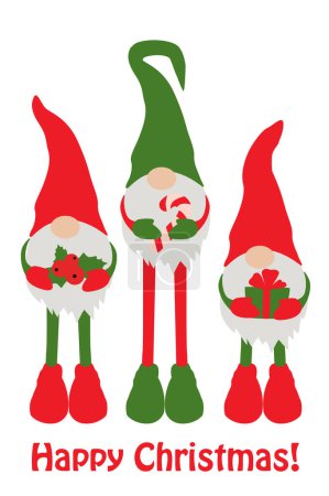 Illustration for Flat Christmas gnomes. Three gnomes are holding Christmas items. Cute Christmas gnome shirt design and home decor for winter vacation. - Royalty Free Image