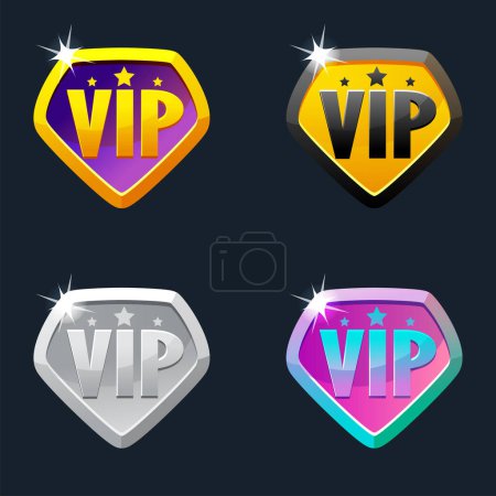 Ilustración de Cuatro iconos VIP. Insignias VIP para el juego 2D. Insignia VIP para 2D juego. - Imagen libre de derechos