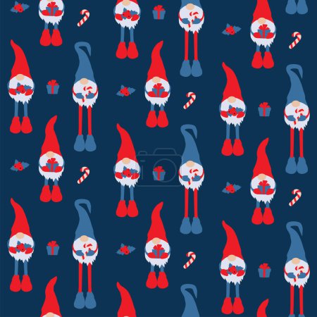 Téléchargez les illustrations : Modèle bleu Noël avec gnomes. Modèle sans couture avec des gnomes et des choses de Noël - en licence libre de droit